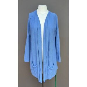 J. Jill Cardigan Sweater M Blue Linen Open Front Longline Pocket Coastal Grandma